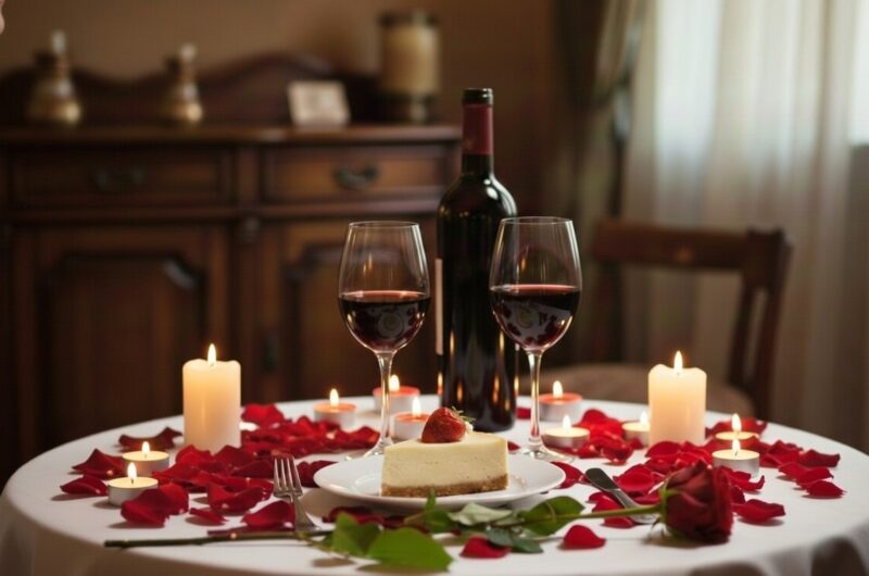 Cena de San Valentín. Mesa con copas de vino, velas y petalos de rosas. Y en el centro el cheescake que es un postre sin horno.